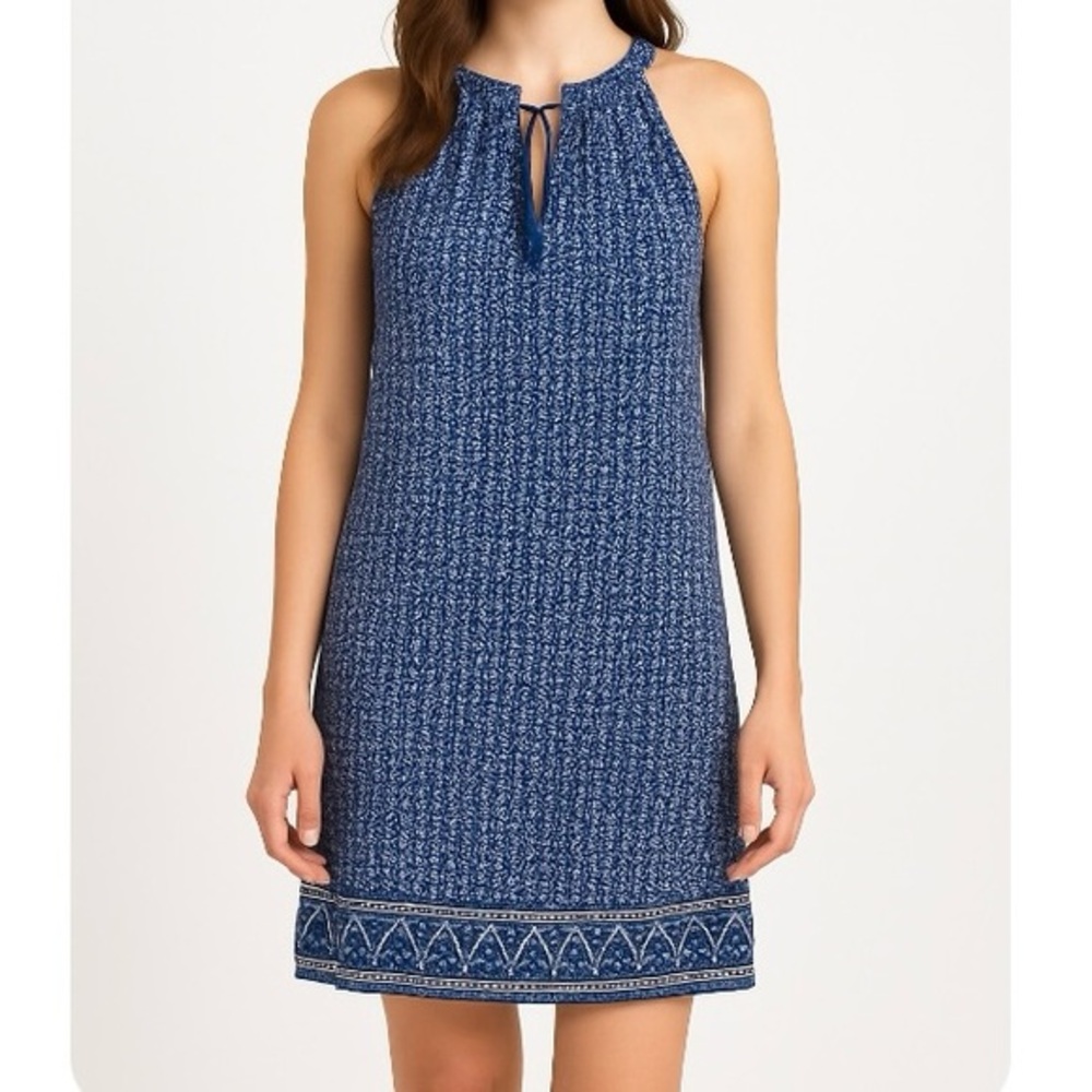 Fleur Blue and White Mini Dress with Tie Neckline Lined Spring Summer